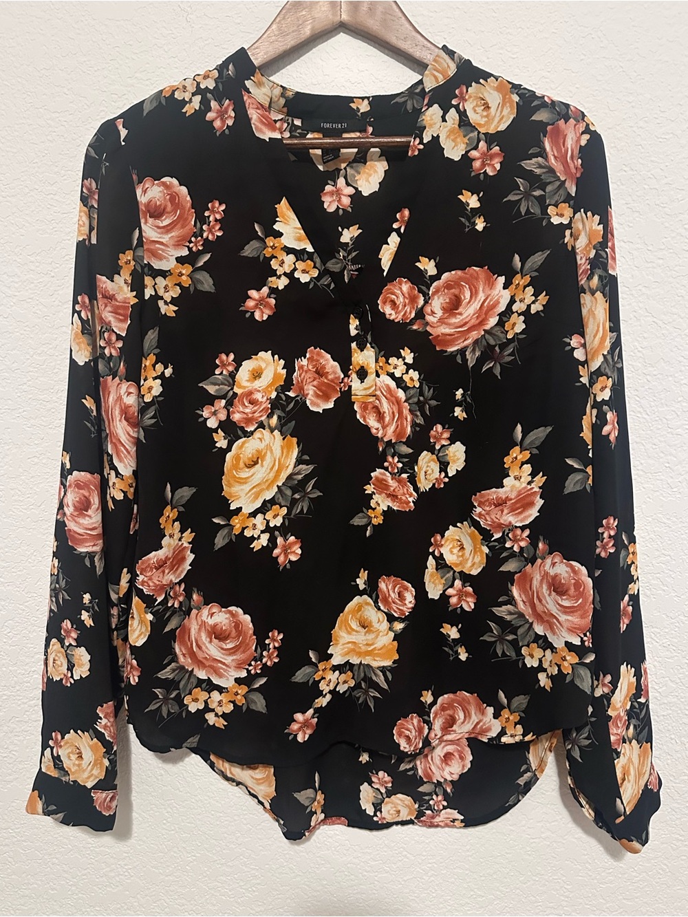 Forever 21 Black Floral V-Neck Blouse with Yellow & Pink Roses